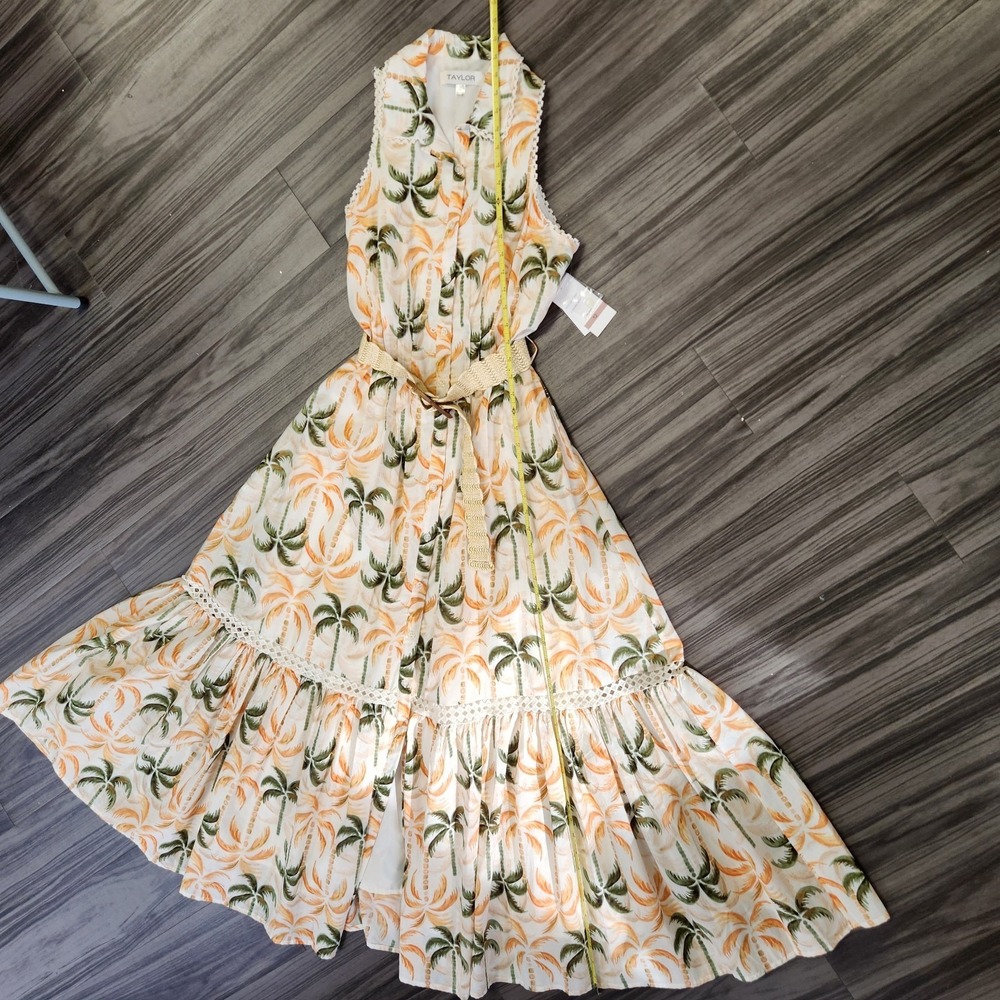 Taylor Printed Taffeta Belt Sleeveless Tropic Fit & Flare Dress Womens Size 12 - Picture 11 of 12